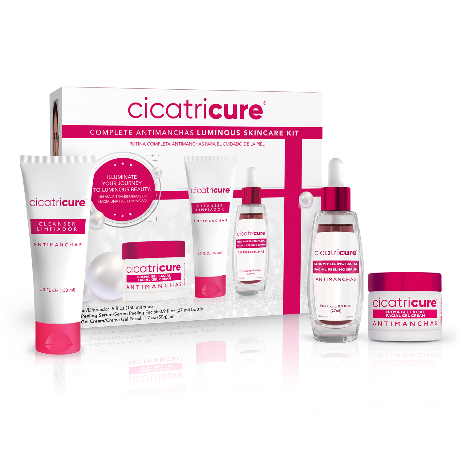 Cicatricure Complete Antimanchas Luminous Skincare Kit - Includes Cleanser, Facial Peeling Serum, & Gel Cream - Diminishes Dark Spots, Brightening (3 Pack)