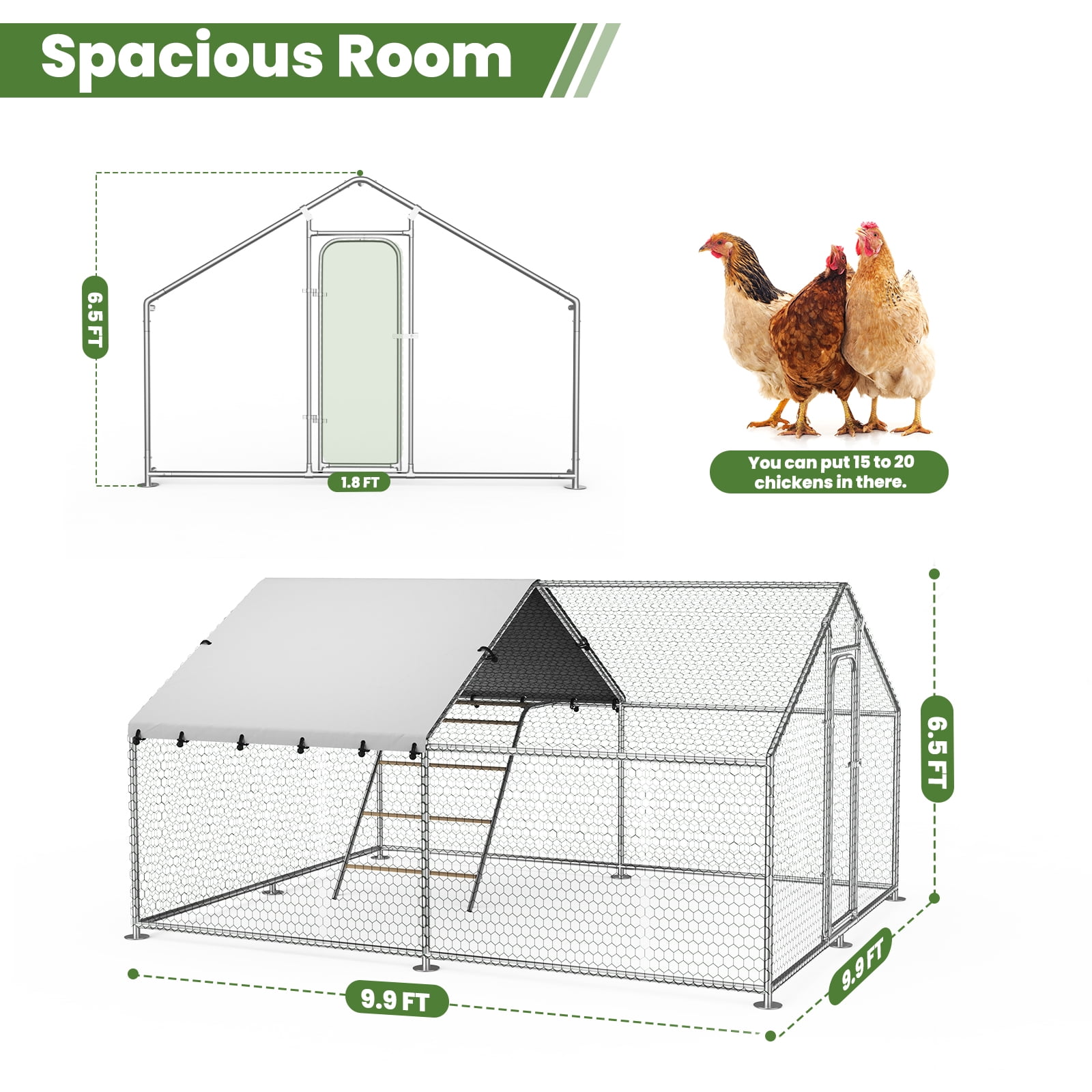 YOKWOK 9.8‘Lx10'W Large Metal Chicken Coop with Climbing Frame, Outdoor Walk-in Poultry Cage Heavy Duty Chicken Runs Hen House with Waterproof Anti-UV Cover for Yard and Outdoor Farm, Spire Roof