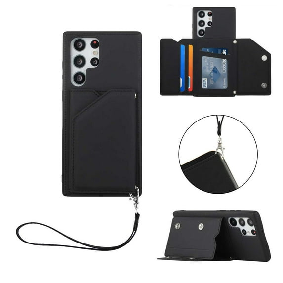 Nalacover for Samsung Galaxy S23 Ultra Wallet Phone Case,Luxury Stylish PU Leather Flip Kickstand Card Slots Shockproof Anti-Scratch Back Cover with Adjustable Detachable Lanyard Strap.Black