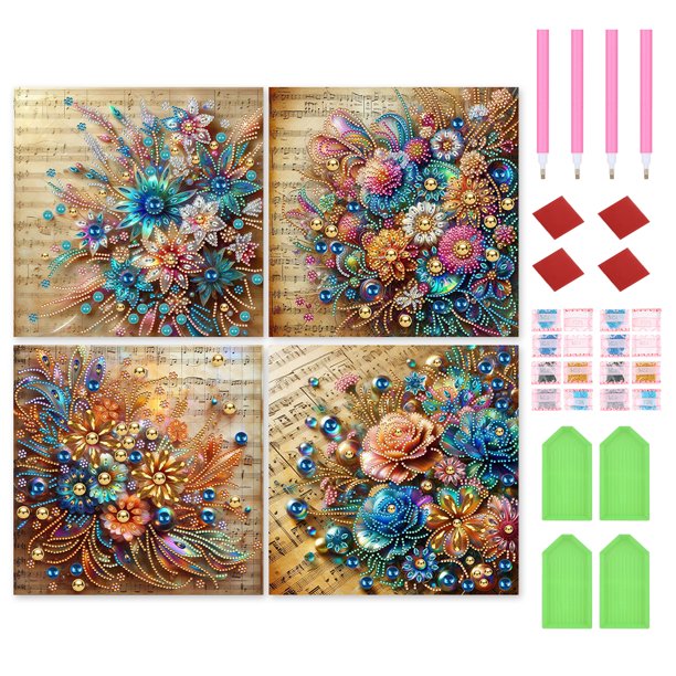 4 Uds. 5D DIY Parcial Con Forma Especial Flores 30x30cm