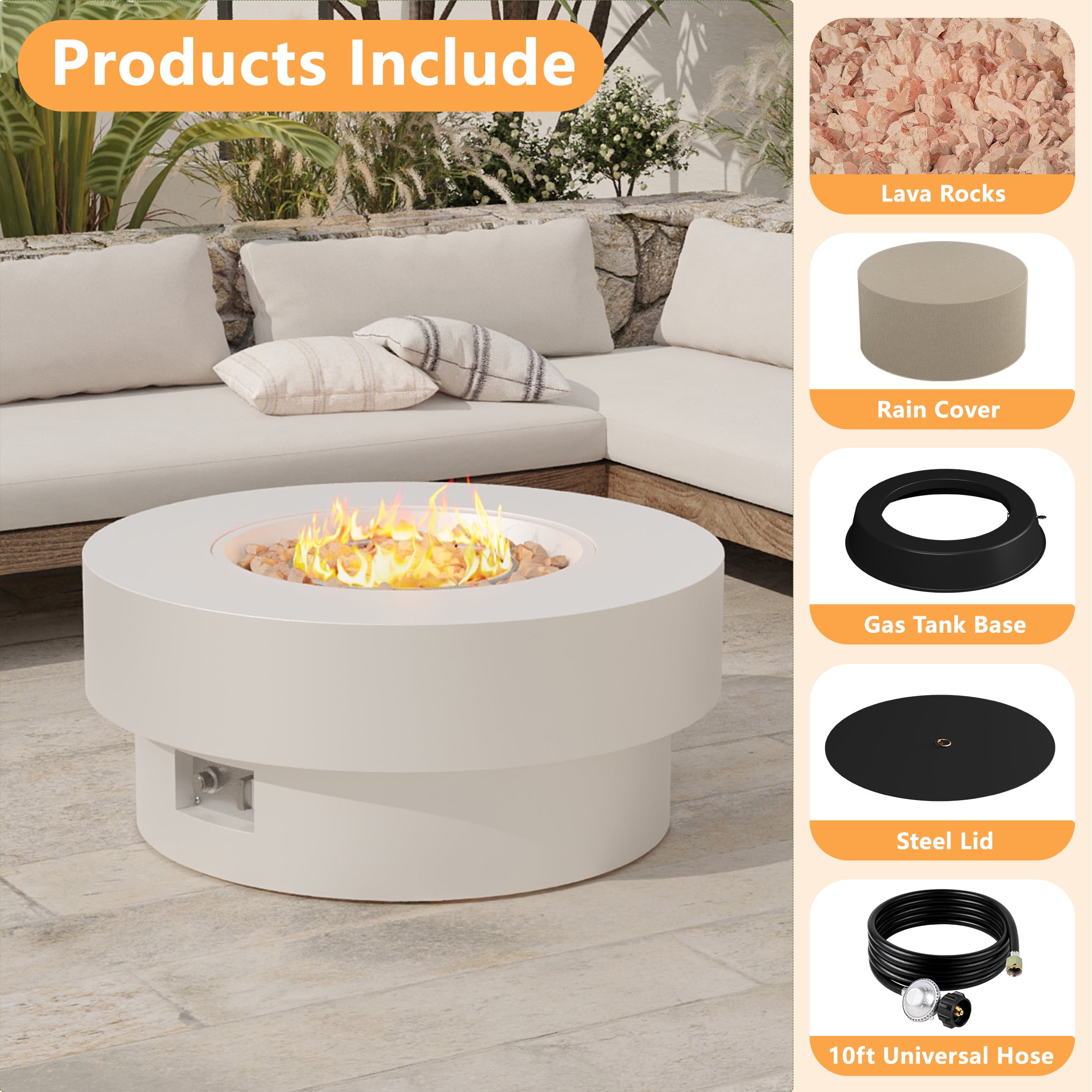Wakeyard 32.5 inch Round Propane Fire Pit Table, 50000 BTU, Includes Lava Rock,White
