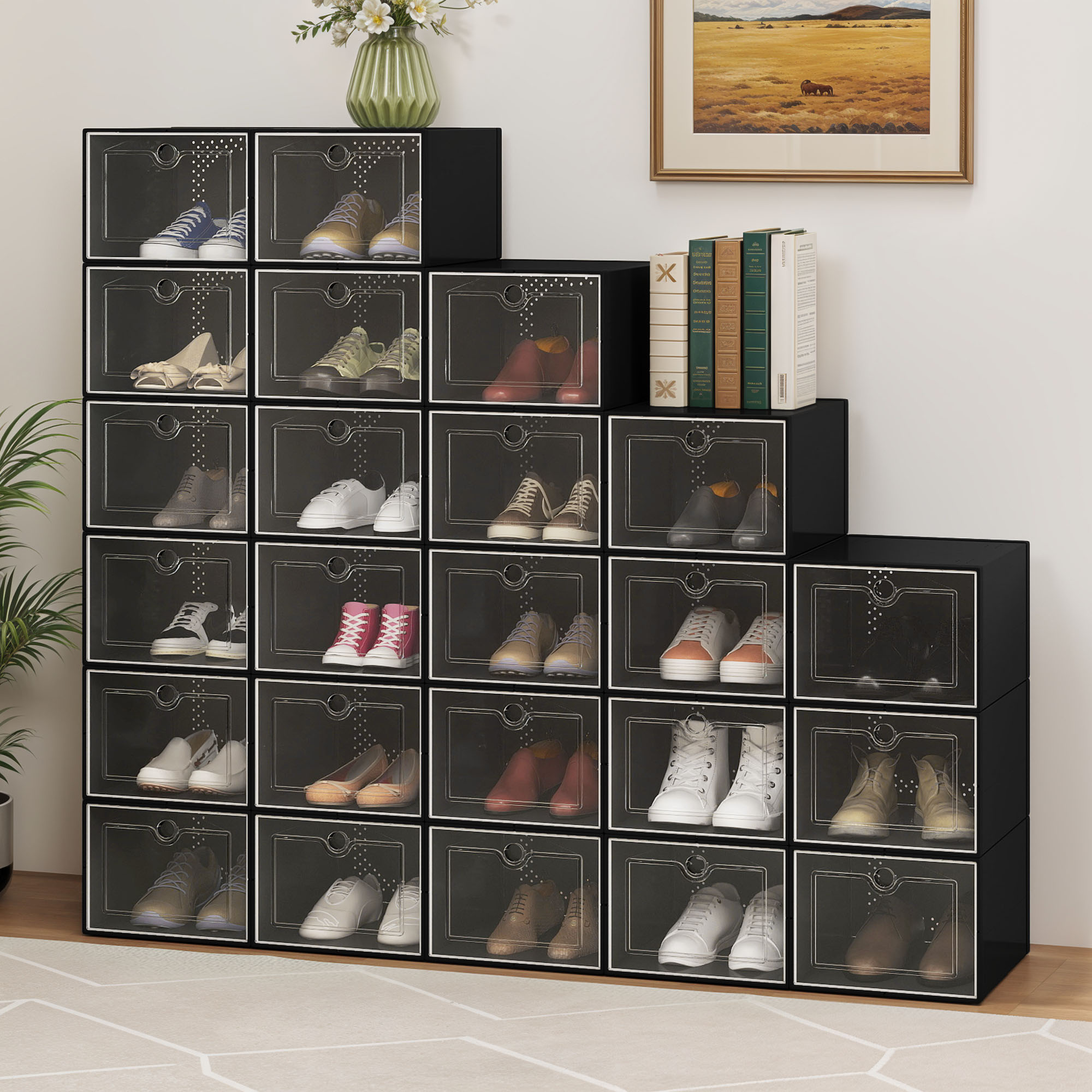 Uforic XL Shoe Storage Box, 24 pack Stackable Plastic Organizer Box for Shoes up to Size 15, Entryway and Hallway, Black