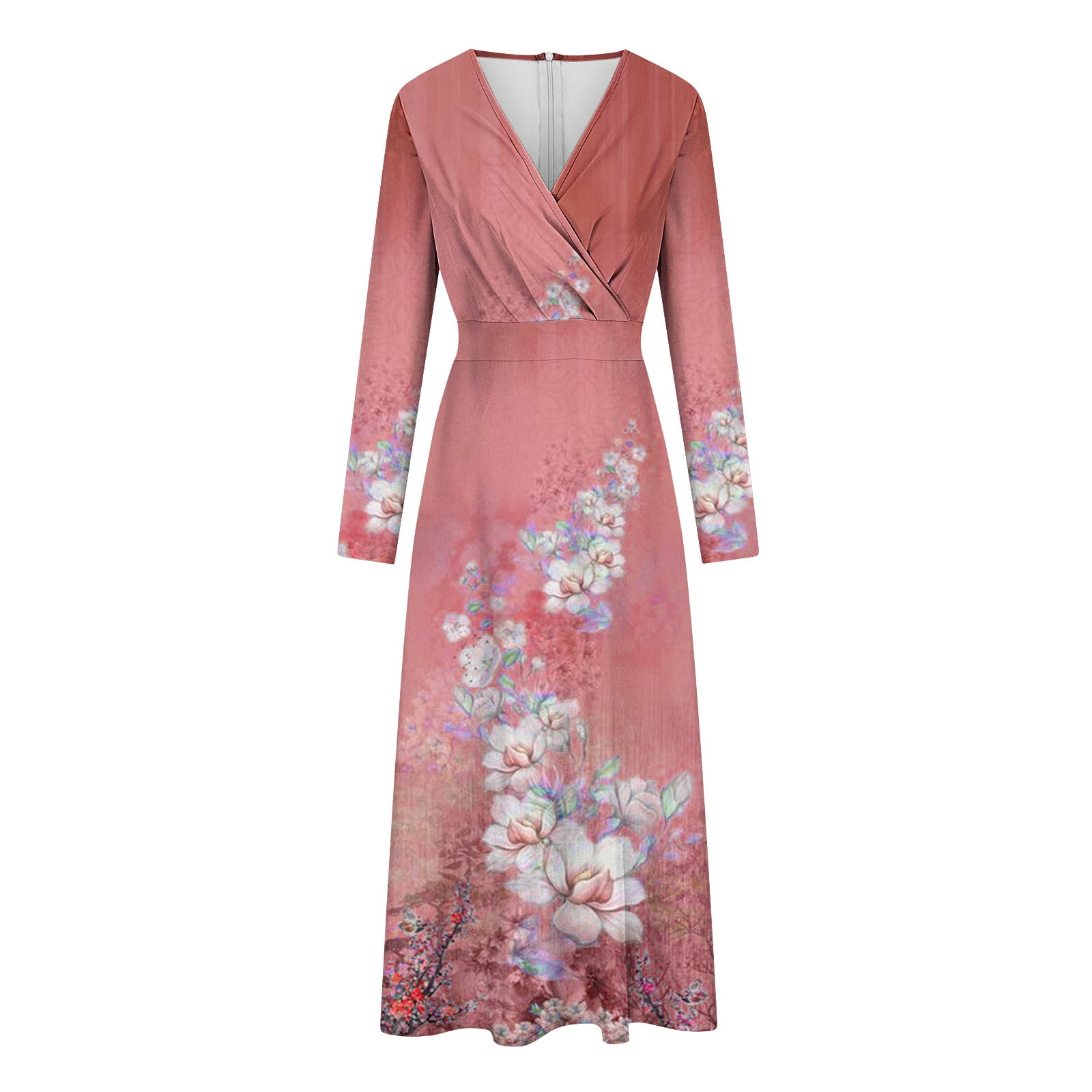 Taqqpue Women's V-Neck Floral Maxi Dress Casual Long Sleeve