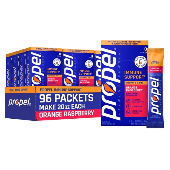 (12 pack) Propel Immune Support Zero Sugar Orange Raspberry, On The Go Packs, Electrolyte Powder Drink Mix, 0.11 oz, 8 Count Packets