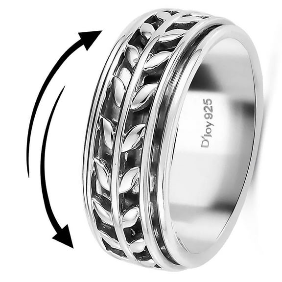 Fidget Rings Spinner Ring for Women - Spinning Anxiety Ring for Men - Wedding Band 925 Sterling Silver Platinum Plated Leaf Boho Jewelry Stress Relief Size 11 Engagement Christmas Gifts