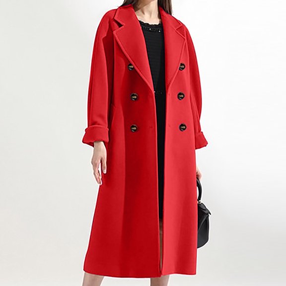 Babysbule 2023 Womens Winter Coats Women's Solid Color Lapel Pocket Button Long Woolen Coat Jacket Cardigan Jacket