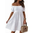 thumbnail image 2 of Women'S Summer Lantern Sleeves Ruffled Off Shoulder A-Line Dresses White L, 2 of 9