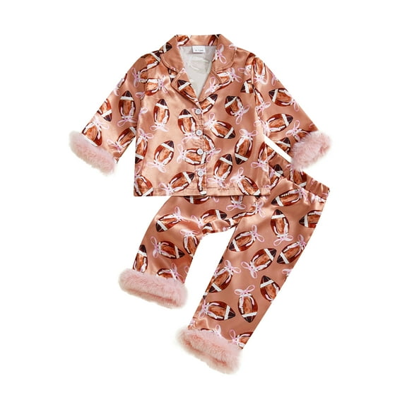 BemeyourBBs Kid Girl Football Pajama Set Fuzzy Trim Long Sleeve Button Tops Pants