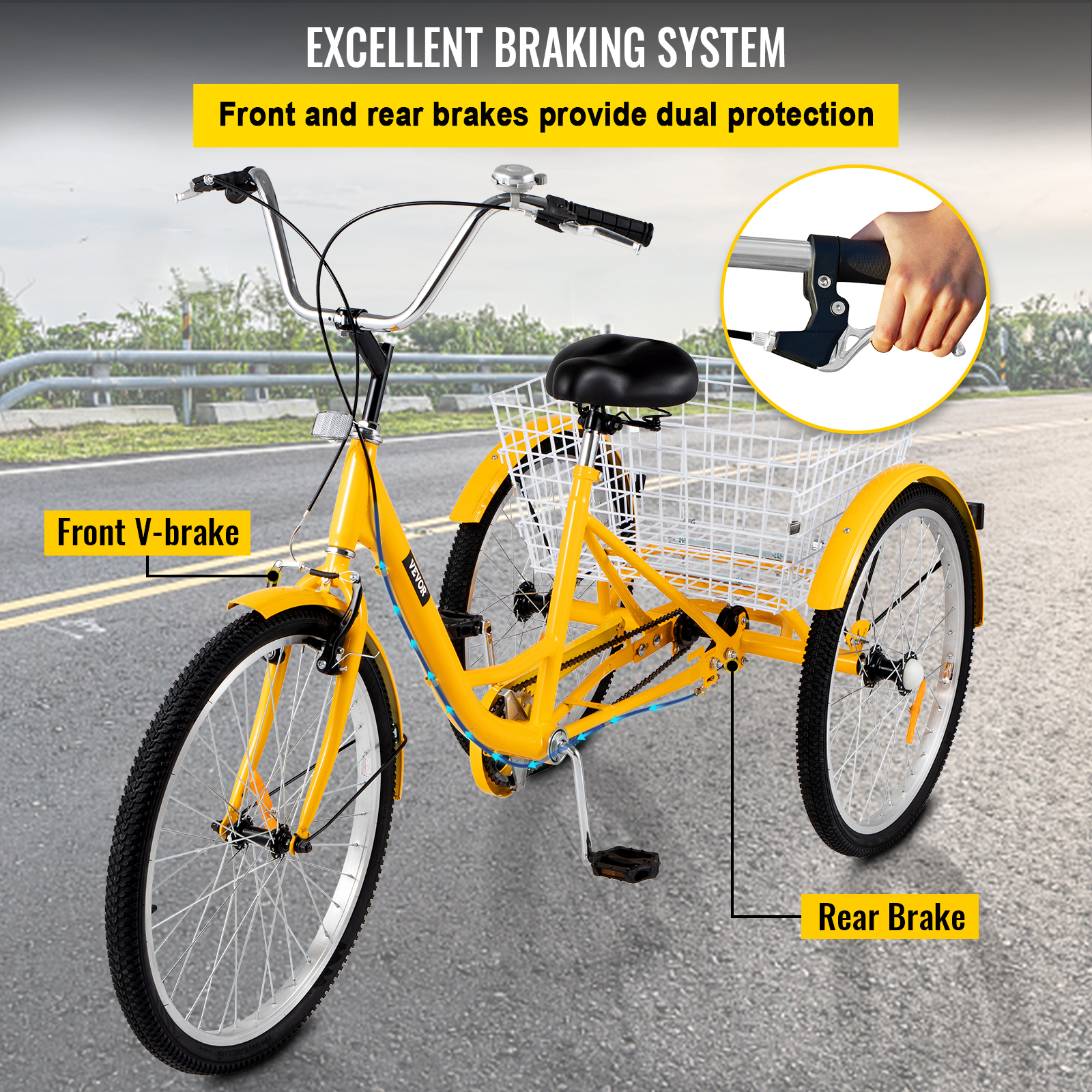 VEVOR Adult Tricycle 24 inch, 1-Speed Three Wheel Bikes , Yellow Tricycle with Bell Brake System, Bicycles with Cargo Basket for Shopping - image 5 of 9