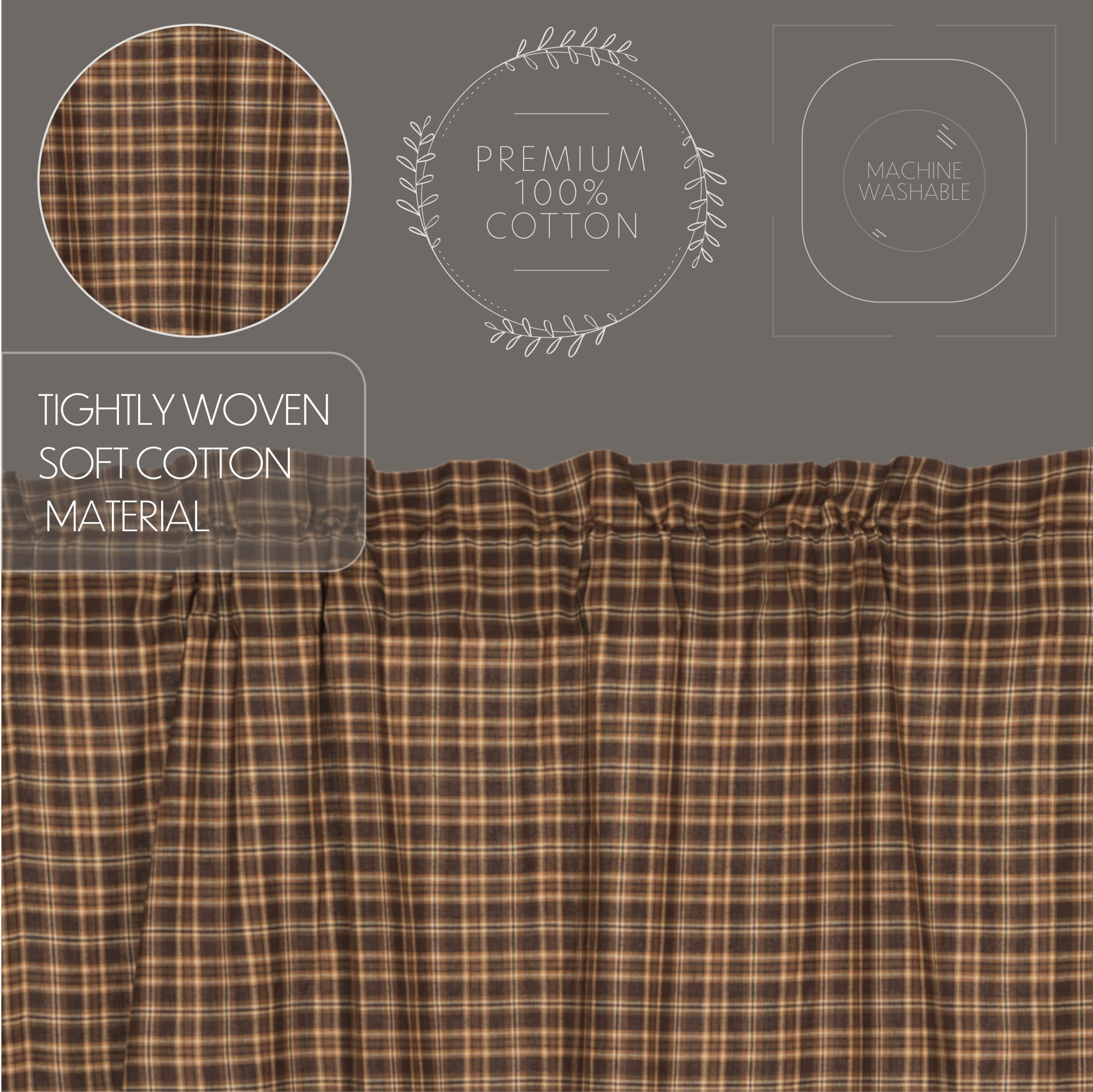 VHC Brands Prescott Rustic 63"x36" Panel Pair Brown Rod Pocket Cotton Plaid Tie Back(s) Window Curtains