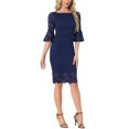 thumbnail image 2 of INSPIRE CHIC Lace Sheath Dress for Women's Boat Neck Bell Sleeve Vintage Cocktail Dress M Dark Blue, 2 of 6