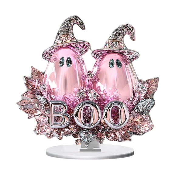 Halloween Decor, Pink Halloween Decorations, Halloween Ghost Decorations, Cute Halloween Decor, 2D Flat Acrylic Pink Ghost with Witch Hat Desktop Ornament for Table, Shelf, Living