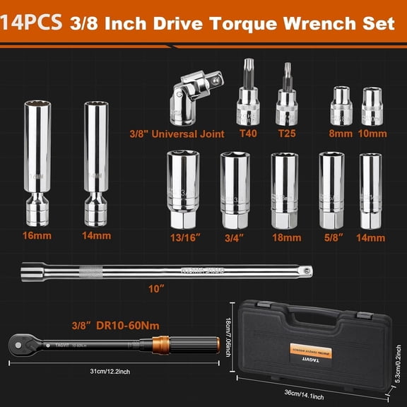 14 PCS Swivel Magnetic Spark Plug Socket Set with Torque Wrench 3/8 Inch Drive, 10-60 Nm 72 Tooth Click Torque Wrench with Universal Joint, Extension Bar, Bits for Easy Spark Plug Removal