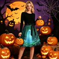 thumbnail image 5 of Halloween Dresses for Women Bone Printed Long Sleeve Casual Dresses Ghost Hepburn Crew Neck Scary Tea Length Dress with Belt XL, 5 of 6