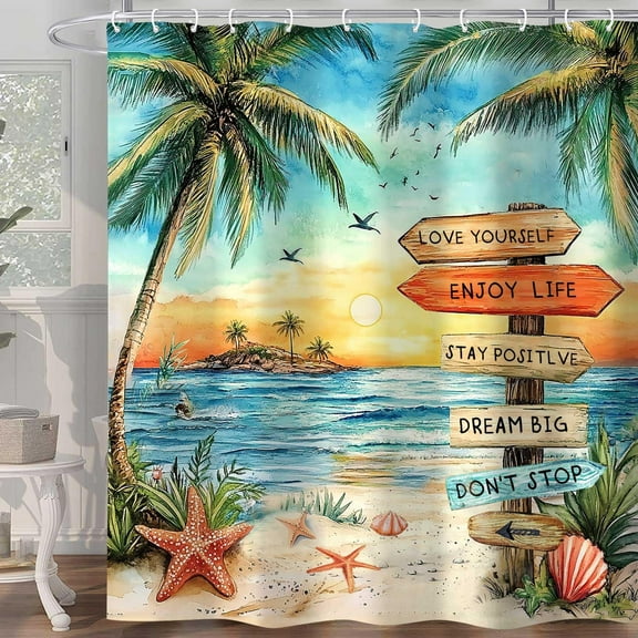 Beach Shower Curtain for Bathroom,Tropical Palm Tree Coastal Nautical Ocean Quotes Inspirational, Sunset Scenery Shower Curtain Set with Hooks,72Wx72H