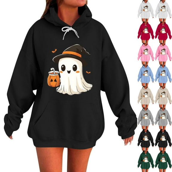 Xdegoge Halloween Hoodies for Women Cute Ghost with Pumpkin Drink Graphic Sweatshirts Pullover Long Sleeve Hooded Drawstring Sweat Shirts with Kangaroo Pocket Vintage Holiday Party Clothes