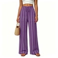 thumbnail image 5 of Crinkle Textured Womens Striped Wide Leg Pants Drawstring High Waist Loose Flowy Trousers with Pockets Daily Beach Loungewear Pants Purple, 5 of 7