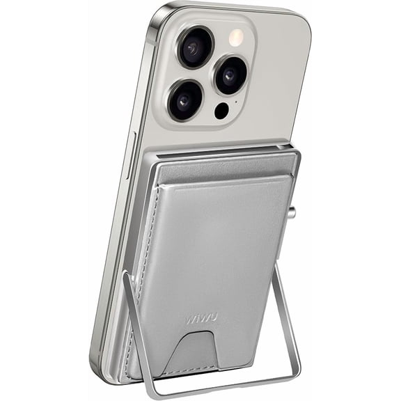 WIWU for iPhone Wallet 7 Card with Adjustable Stand RFID Blocking Minimalist Metal Leather Magnetic Card Holder for iPhone 16/15/14/13/12 Series Android Phones (Grey)