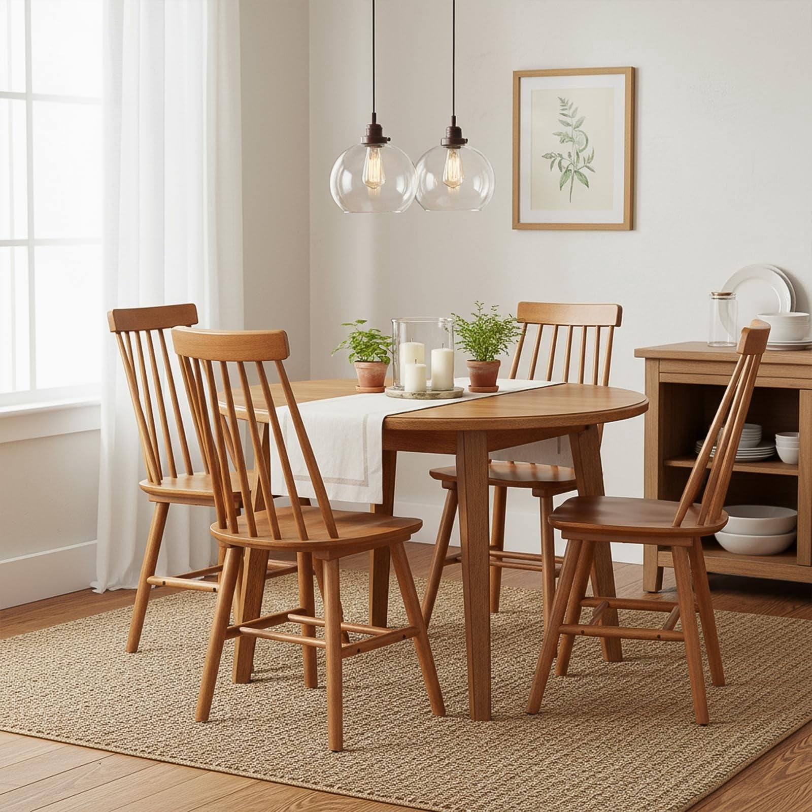 Walnut Farmhouse Dining Chairs Set of 4, Mid Century Modern Spindle Back Wooden Dining Room Chairs for Kitchen & Living Room