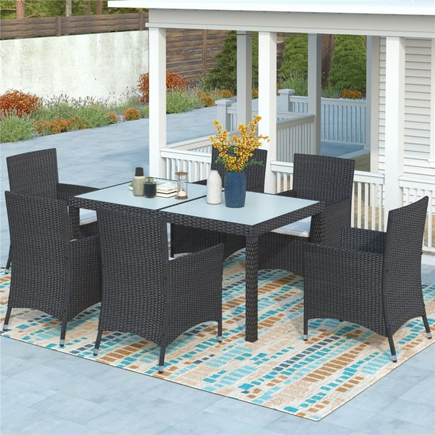 Patio Dining Set Seats 6 7 Piece Outdoor Furniture With Glass Table All Weather Rectangle Sofa Removable Cushions For Backyard Porch Garden Poolside L2183 Com Piece Outdoor Patio Furniture Set, Patio Table With Seats