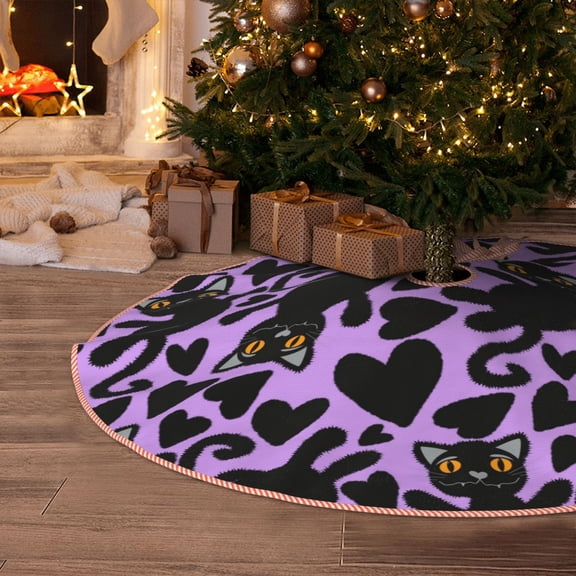 Halloween Christmas Tree Skirt - Cartoon Black Cats 30 Inches Christmas Tree Skirt for Halloween Holiday Indoor Home Christmas Tree Decorations with Three Ribbons