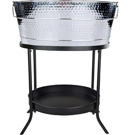 

Hammered Stainless-Steel Beverage Tub Ice And Drink Bucket With Metal Stand 25-Quart For Parties
