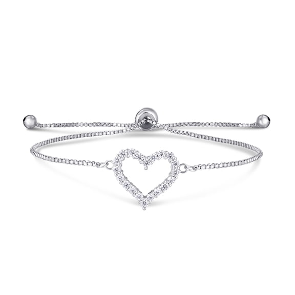 Silver Plated Cubic Zirconia Open Heart Adjustable Bracelet