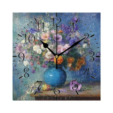 7.78in Square Artistic Wall Clock Dual-Purpose Tabletop & Hanging Decor Silent Non-Ticking Clocks for Home Office vintage Style Vase