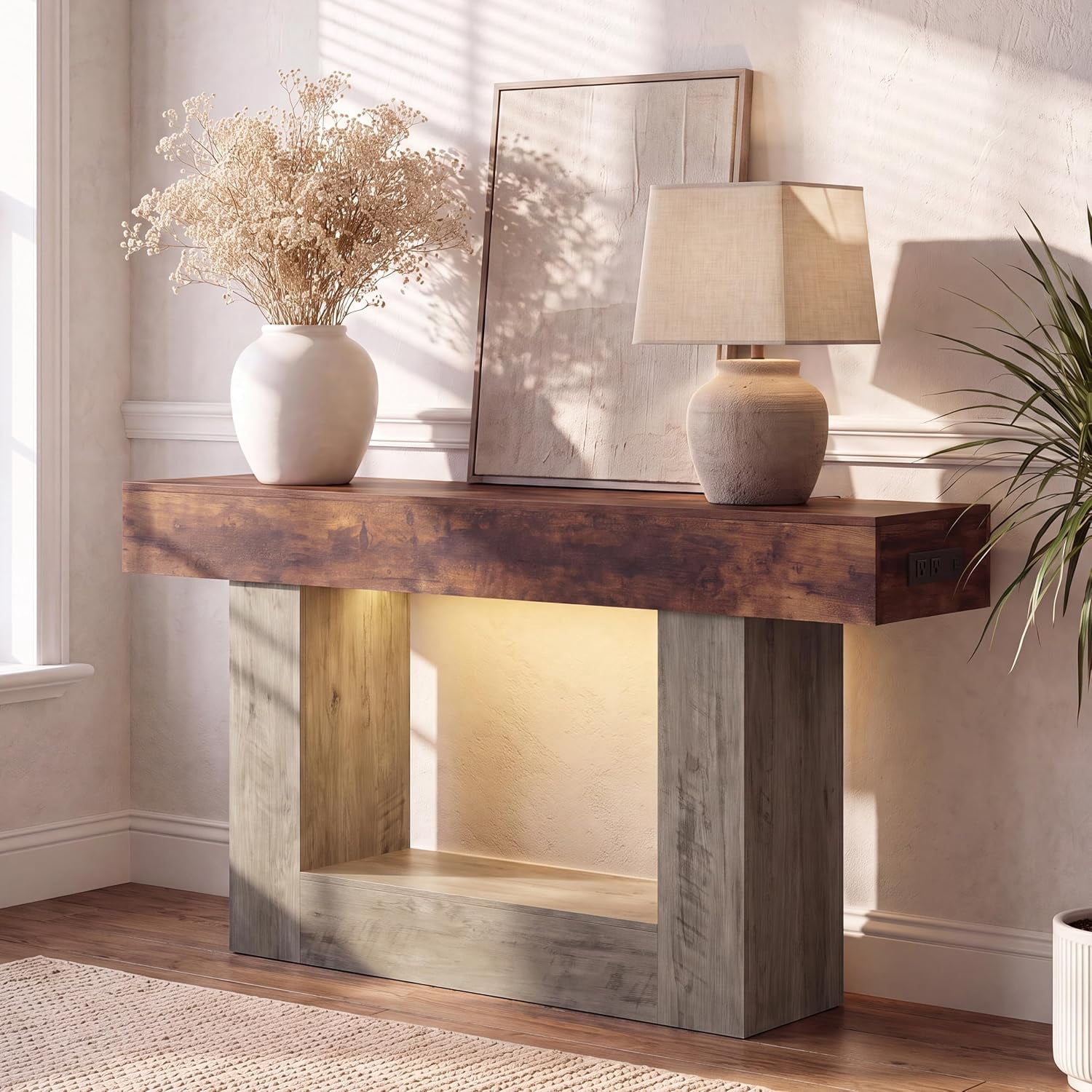 55” Entryway Table with Charging Station & LED Light, Narrow Sofa Table for Hallway Living Room, Modern Farmhouse Console Table with Storage Shelf, Brown and Gray