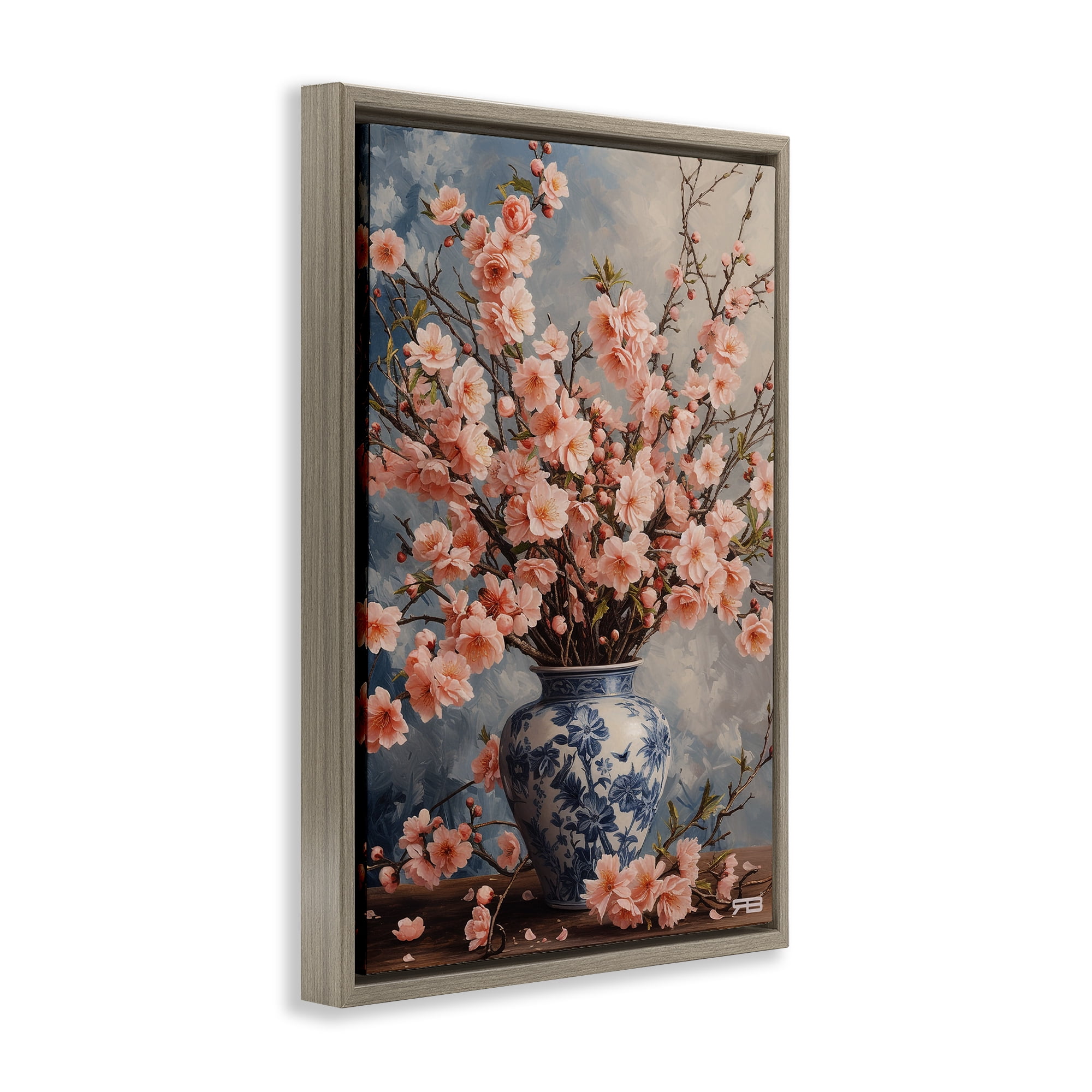 Stupell Industries Detailed Cherry Blossom Vase Botanical & Floral Painting Brown Floater Framed Art Print Wall Art, 17 x 25