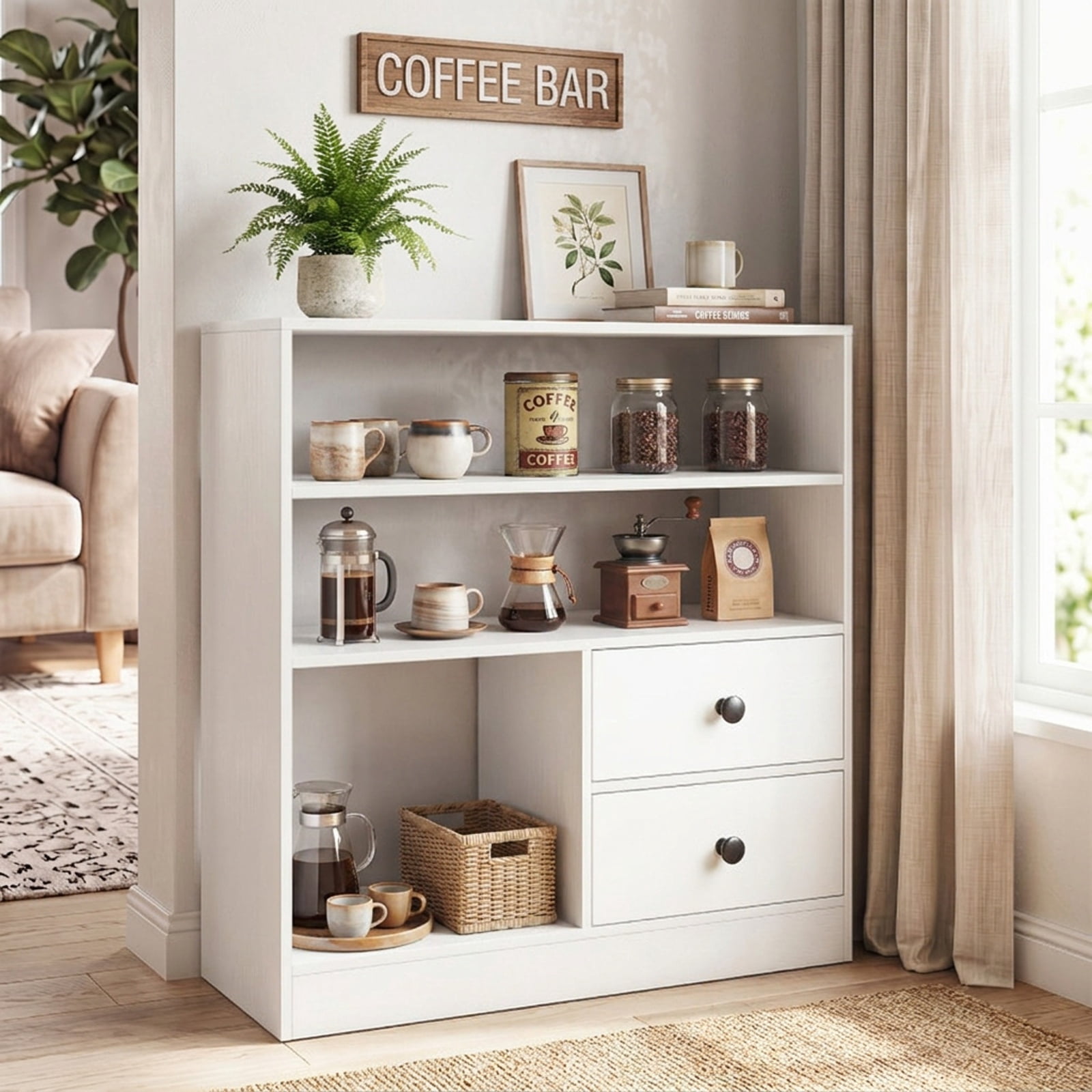 Furnibear Open Accent Cabinet with 2 Drawers 3 Compartments and Countertop Bookshelf Storage for Entryway Living Room and Bedroom, White