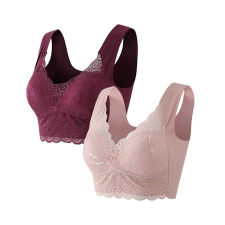 ATOYSOY Women s 2 Pack Plus Size Everyday Bra Slim Basic Tank Tops Lace Splicing Small Cup Wirefree Underwear Push Up Bralette Teens Breathable Comfort Bra Clearance Purple XL