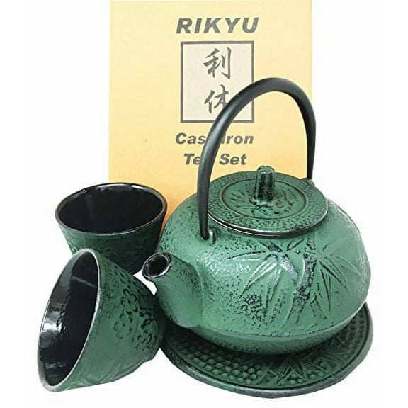 Japanese Evergreen Bamboo Forest Green Traditional Heavy Cast Iron Tea Pot Set With Trivet and Cups Set Serves 2 Beautifully Packaged in Teapot Gift Box Home Decor Asian Living Gift Housewarming