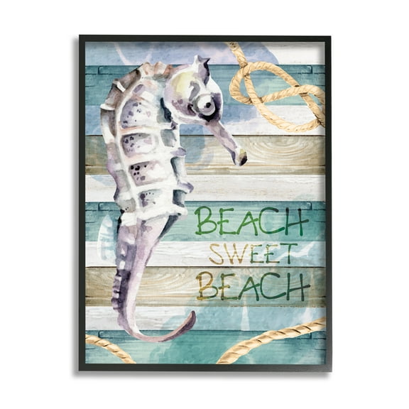 Stupell Sweet Beach Seahorse Nautical Rope Landscape Painting Black Framed Art Print Wall Art