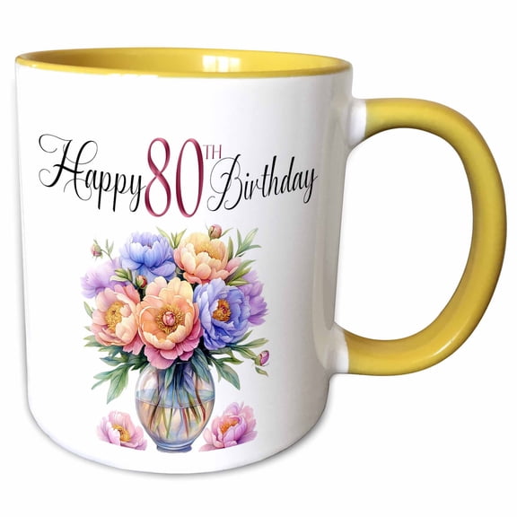 3drose, Happy 80th Birthday Pretty Vase of Pastel Peony Flowers, 15oz Two-tone Yellow Mug