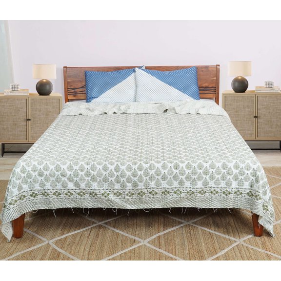 Dhaka International 100% Cotton Handmade Block Printed Bedspread | Lightweight Reversible Bed Cover for All Seasons - ( green - 60x90 " Single / Twin Size )