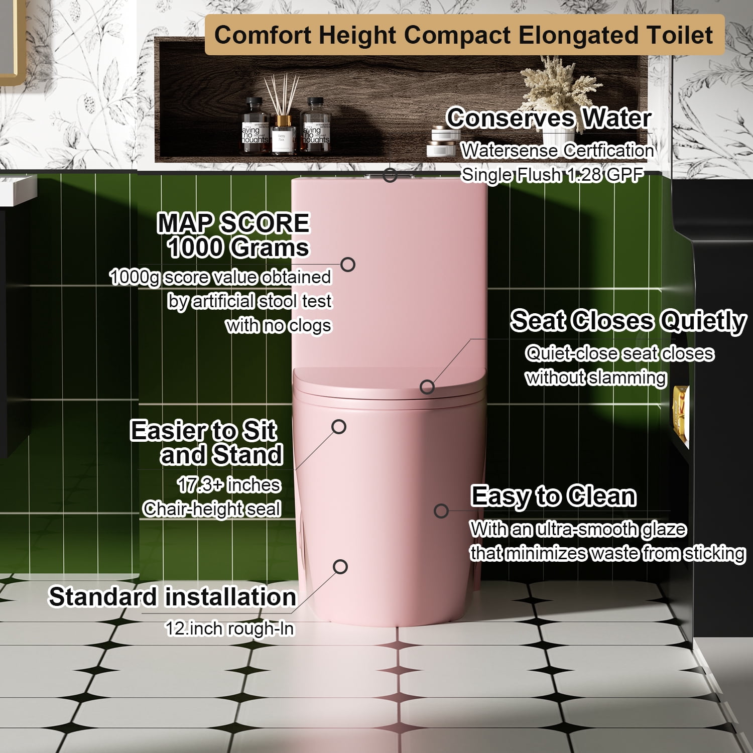 Aukfa One-Piece Toilet Dual Tornado Flush 1.1/1.6 GPF ,ADA Comfort Height,Water Sense Certified, Soft-Close Seat,Pink
