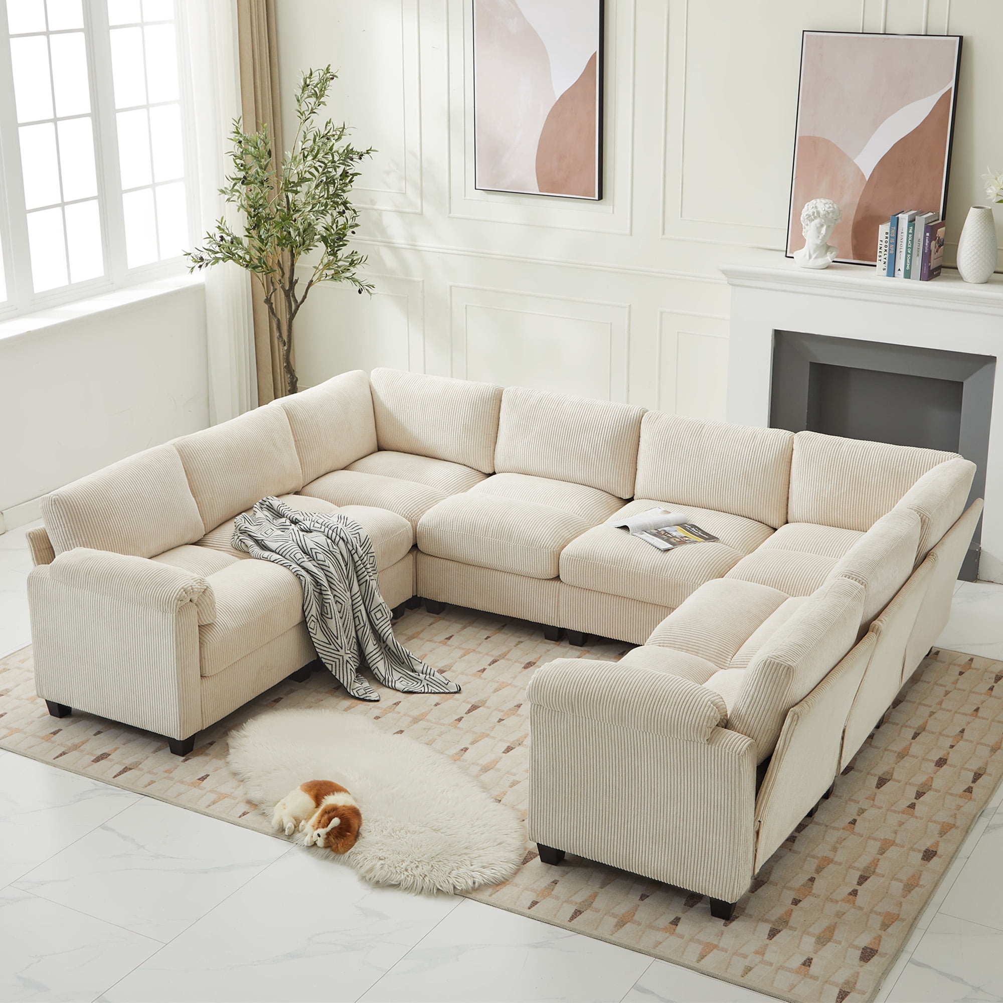 LOYALICE 115" Oversized Modular Corduroy Sectional Sofa, Pet-Scratch Resistant 8-Seat U Shaped with Corner Seat Cloud Couch, Chaise & Movable Ottoman for Living Room Home Office, Beige