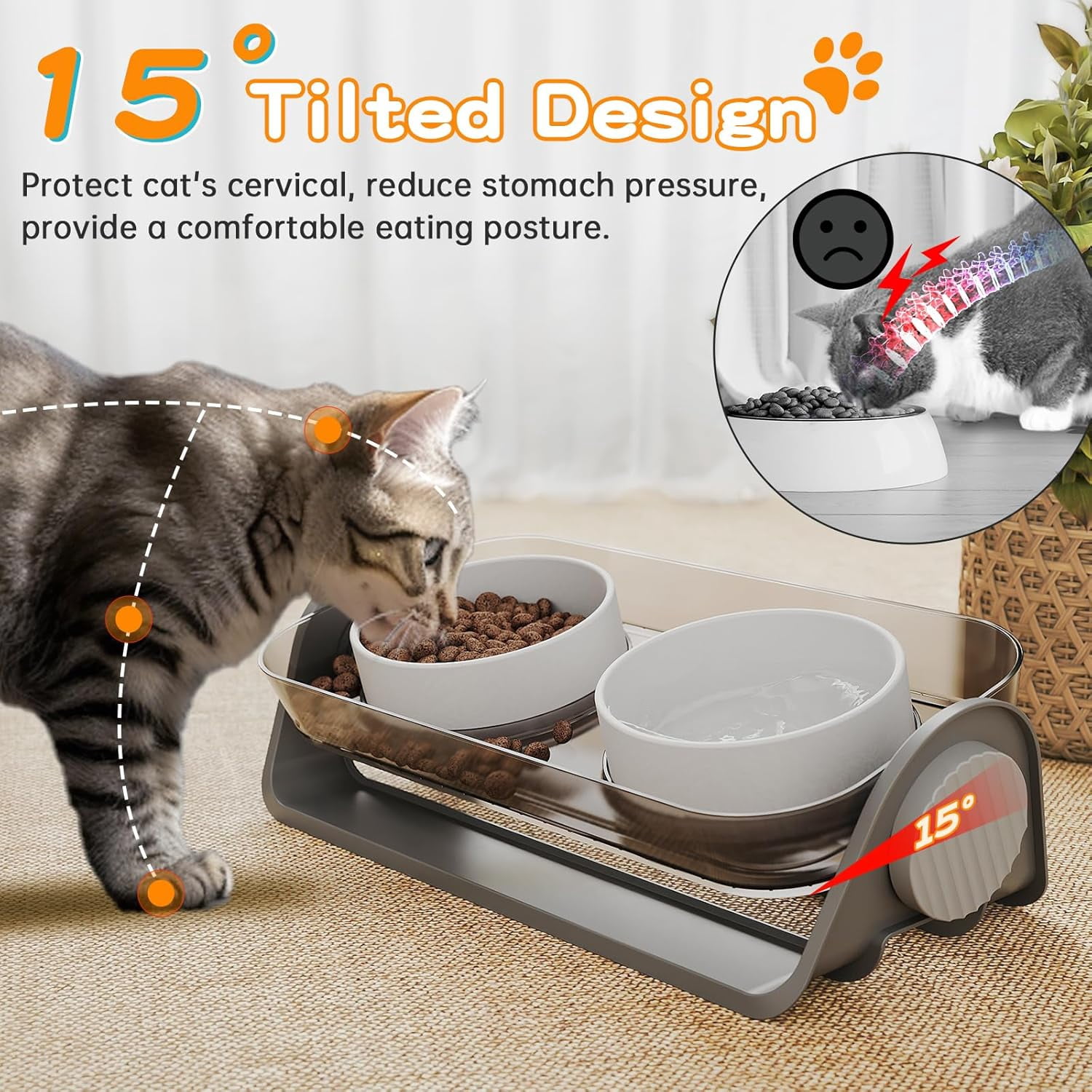 Elevated Cat Bowl, Raised Ceramic Dish, 100% Waterproof Cat and Dog Bowls, 15° Tilted Raised Stand Slip Resistant Raised Edges, Catch Water, Food Mess, No Spills