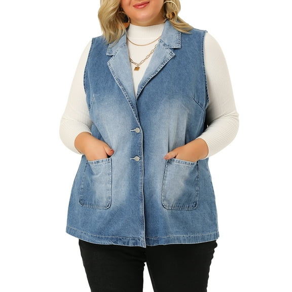 Unique Bargains Women's Plus Size Denim Sleeveless Lapel Vest Relax Notched Jacket