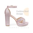 thumbnail image 4 of BLISSFUL STEP Women's Glitter Platform Crisscross Straps Block Heel Sandals Pink 8, 4 of 6