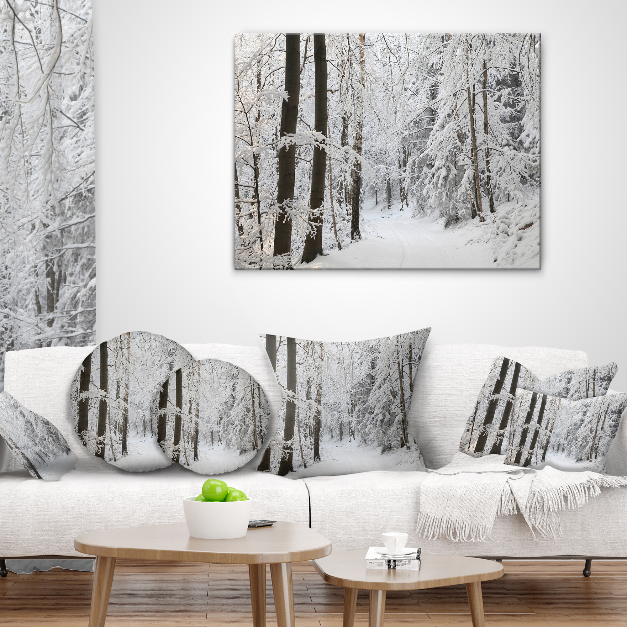 Designart Dense Winter Forest and Lane - Forest Throw Pillow - 16x16