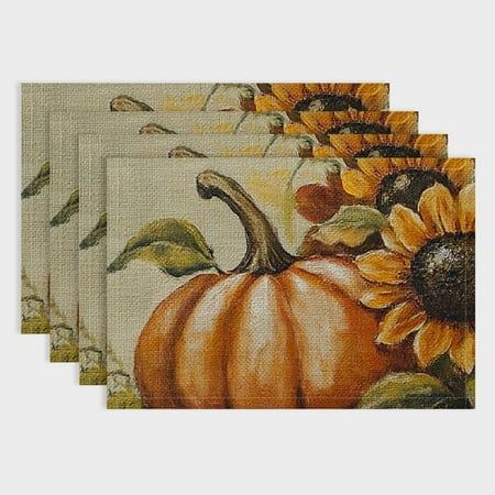 

Pratyus Sunflower Pumpkin Folk Art Placemat Linen Table Mats Set of 4 for Dining Home Decor Heat Insulation - Ideal for Birthday Parties Christmas Events 18x12in