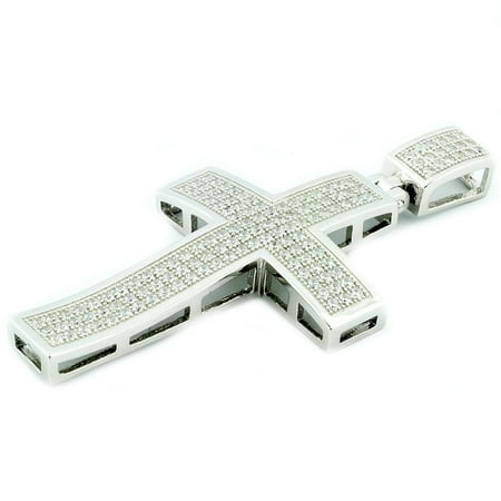 Pave Cross Charm - Cross Pendant Charm Sterling Silver 53mm Tall With Cubic Zarcons Pave Set Mens Cross Charm