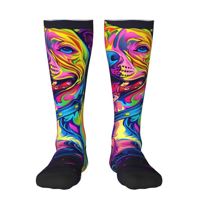 Fotbe Neon Pop Art Pitbull Calcetas Divertidas Estampadas para Hombre y Mujer, Calcetas de Algodón hasta la Rodilla para Caminar, Correr, Enfermería y Embarazo