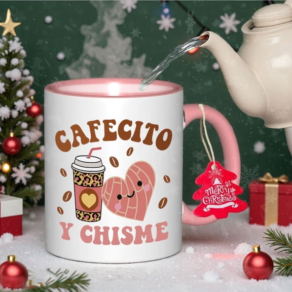 oz Ceramic Mug, Spanish "Cafecito Y Chisme" Design with Coffee & Churro Art - Artisan Holiday Drinkware for Thanksgiving, Christmas, Halloween, Easter - Perfect Gift for Coffee Enthusiasts & Holiday