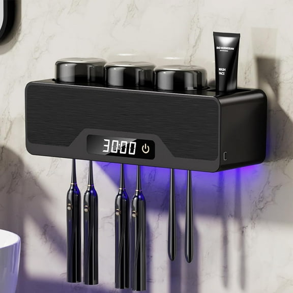 Wall-Mounted Toothbrush Holder, Wekity Automatic Toothpaste Dispenser Space Saving Toothbrush and Toothpaste Holder，Multi-Functional Toothbrush Holder with 3 Cups for Bathroom (Black)