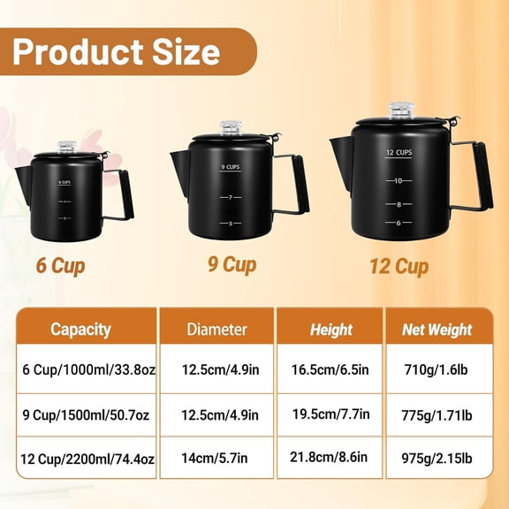 No Coating 12 Cup Percolator Coffee Pot 304 Stainless Steel Moka Pot Stovetop Espresso Maker Italian Greca Cuban 2200ml 74.4oz Suitable for Gas Induction Stovetop Camping Kettle