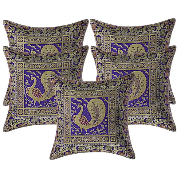 Stylo Culture Ethnic Boho Brocade Purple And Gold Throw Pillow Covers 16x16 Jacquard Weave Banarsi Sofa Bohemian Throw Pillow Covers Dancing Peacock 40x40 cm Decorative Cushion Covers (Set Of 5)