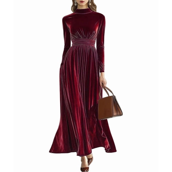 Velvet Dress for Women High Neck Long Sleeve Elegant Flowy Maxi Wedding Party Formal Gown Evening Dress Deep Red S